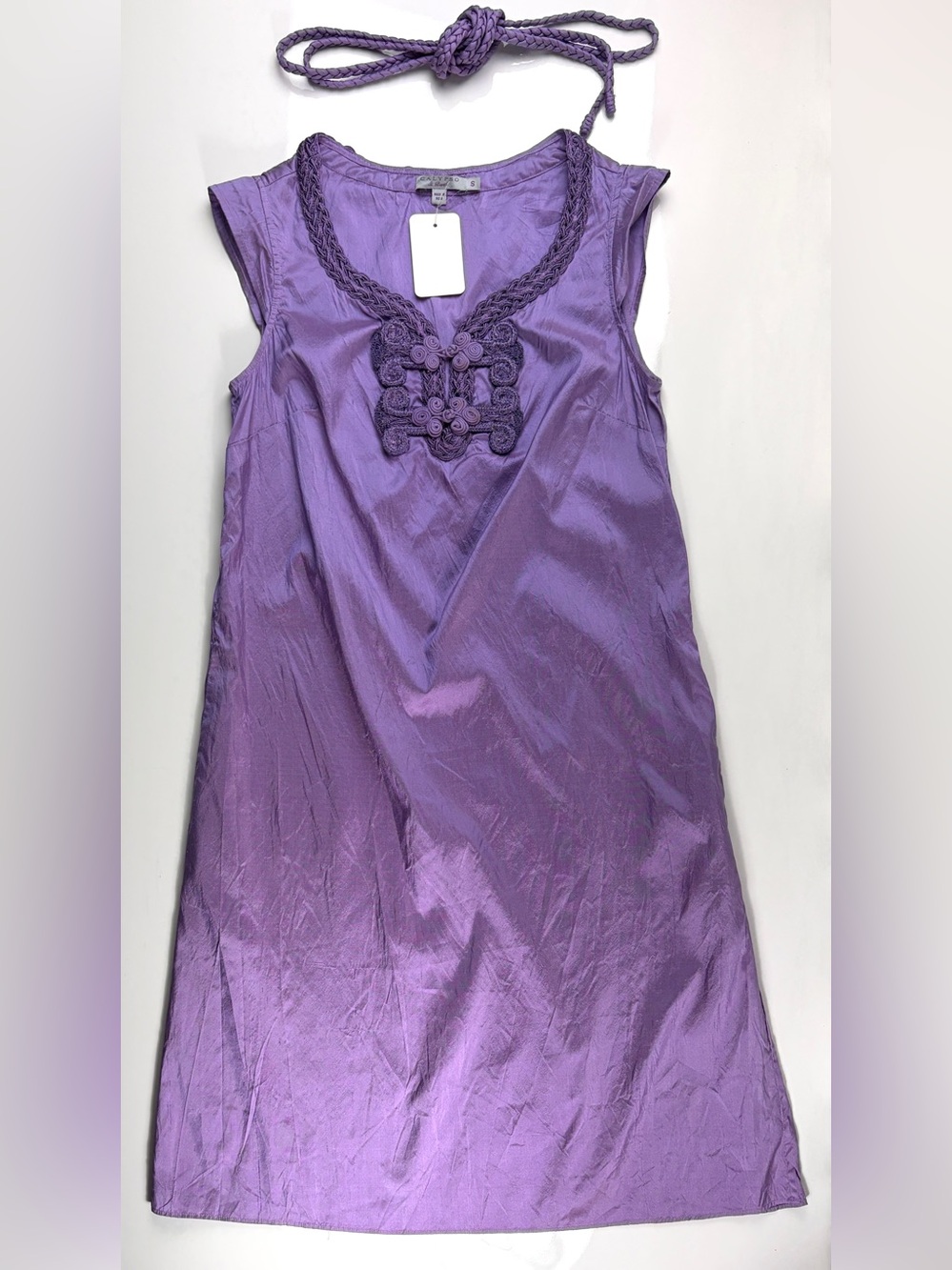 Calypso St. Barth Lilac 100% Silk Cap Sleeve Frog Clasp Front Belted Dress, Sz S - Picture 8 of 14